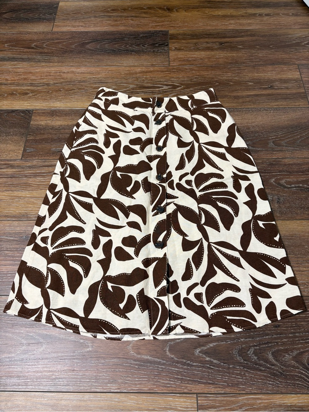 Ann Taylor Brown Leaf-Print A-Line Button Skirt Linen Blend 2P